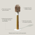 Ionic Dish Brush, Magnetized to Stand Upright, Stainless Steel with Replaceable Head, Brass/Gold