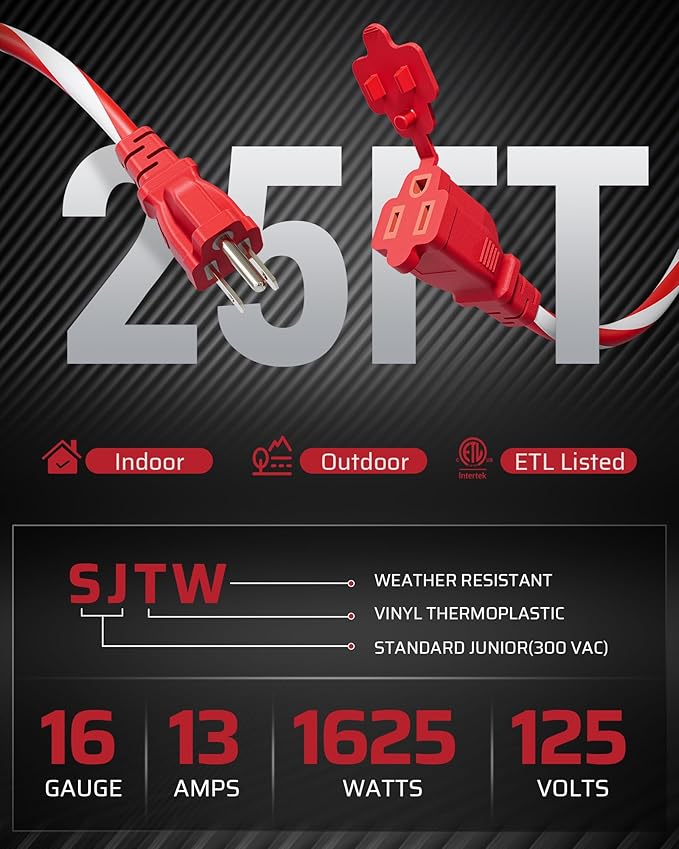 DEWENWILS 25FT Outdoor Extension Cord with Multiple Spaced Outlets Plugs, 16/3 SJTW Power Cord for Outdoor String Lights and Halloween Decorations, Appliances, UL Listed, Candy Cane