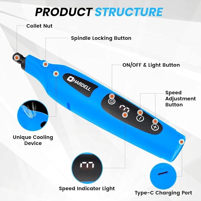 HARDELL Cordless Rotary Tool 4V, 6-Speed Mini Rotary Tool with Digital Display, 80Pcs Accessories, Type-C Charging Multi-function Engraving Tool for Cutting, Sanding, Grinding, Drilling