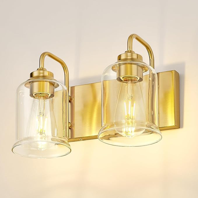 zeyu Bathroom Vanity Light Fixtures, 2-Light Wall Sconce for Bathroom Above Mirror, Gold Vanity Light with Clear Glass Shade, ZSL72B-2W BG