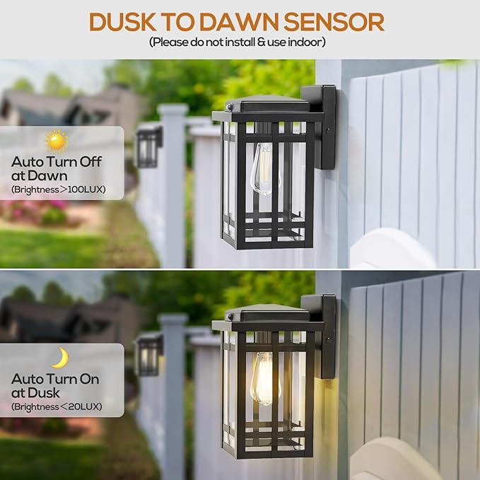 2 Packs Dusk to Dawn Outdoor Wall Lighting 9.76'', Exterior Light Fixture Wall Mount for House Front Porch Light, Black Anti-Rust Modern Outdoor Lantern with Tempered Glass Shade for Garage