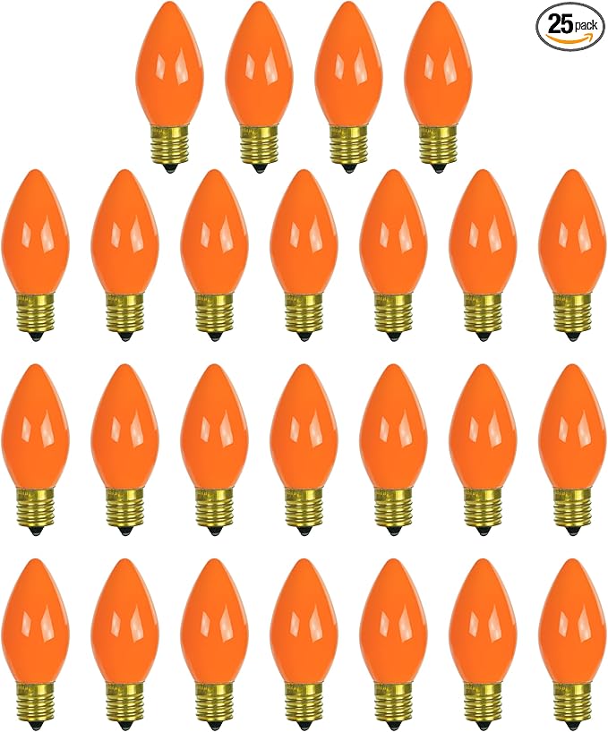 Sunlite Incandescent C9 Colored Night Light Bulb, 7 watts, 120 Volts, Intermediate E17 Screw Base, 2000 Rated Hours, Christmas-Lights Nightlight, Orange, 25 Pack