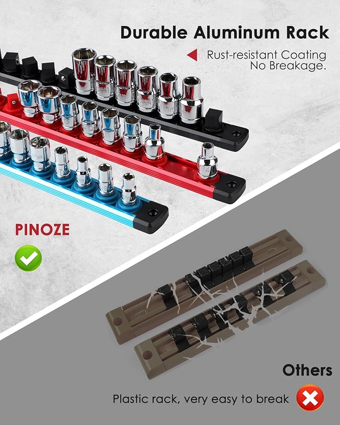 3/8" Magnetic Socket Holder Organizer - Aluminum Alloy Socket Rail Tray for Tool Box Drawer, Socket Rack with Extra 2Pcs Replacement Clips for Automotive Garage(Red)