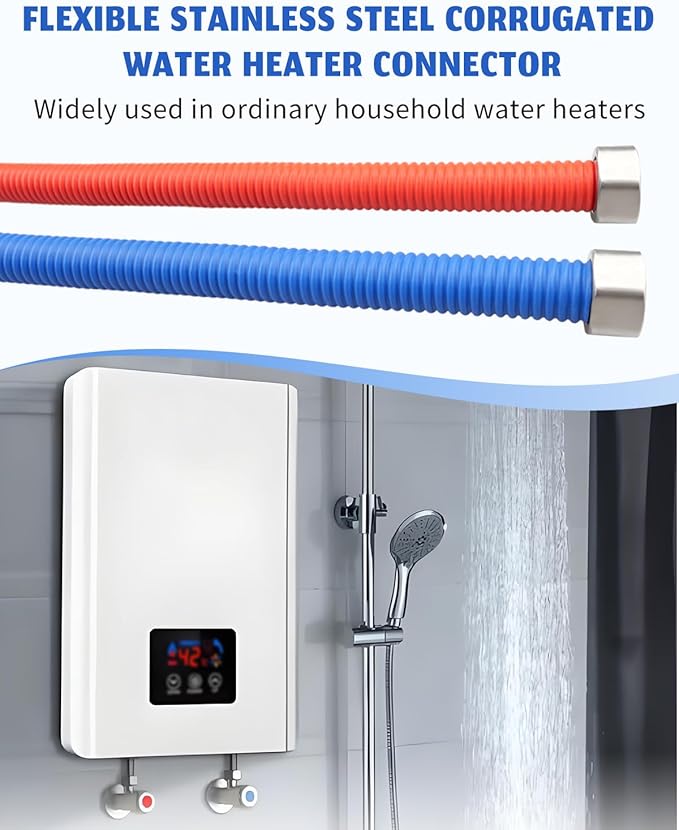 Flexible Stainless Steel Corrugated Water Heater Connector, Hot and Cold Color Water Heater Hose, 1/2" FIP x 1/2" FIP 24" Length