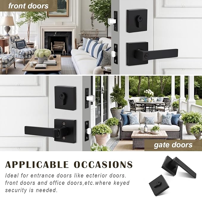 3 Pack Keyed Entry Door Lever and Double Cylinder Deadbolt Set, Keyed Alike Reversible Lockset, Matte Black Square Interior/Exterior Handleset for Bedroom, Front Door
