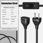 Black Extension Cord with Switch On/Off, 2 Prong Grounded Plug, 6FT Indoor Power Cord, Insulated & Flame Retardant 120V 150W, UL Listed