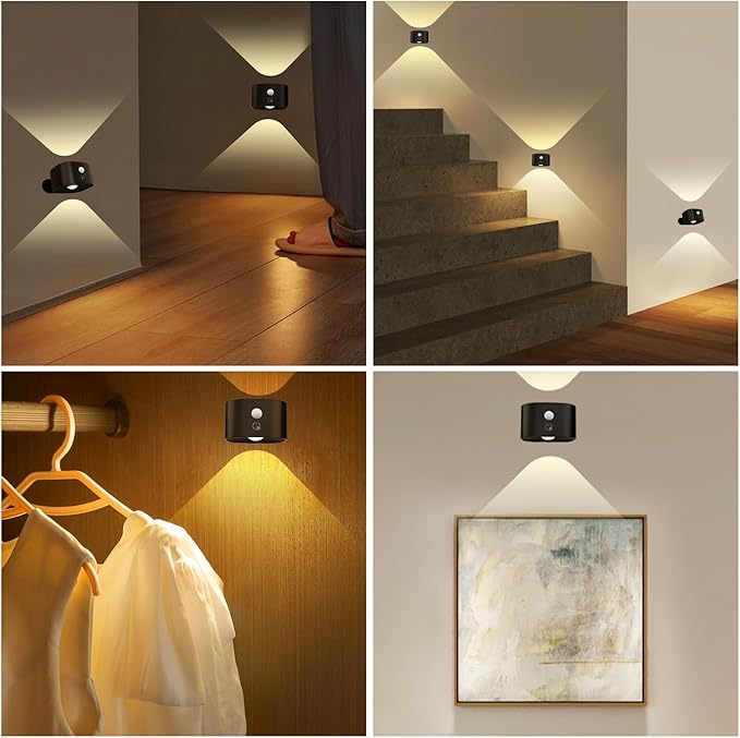 UP&Down Light Source Wall Sconces with Motion Sensor, Cordless LED Wall Night Lights 360°Rotate & Rechargeable Battery Operated, 3 Brightness, Indoor Motion Detection Wall Lamps for Pictures Corridor