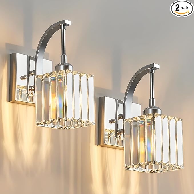 Wall Sconces, Set of 2 Chrome Crystal Vanity Lights, Modern Wall Lamp for Bathroom, Hallway, and Makeup, Easy Installation