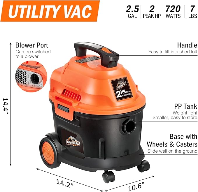 Armor All AA255W Wet/Dry Utility Vac 2.5 Gallon, 2.5-Gallon,120 Volts (AC), Orange/Black
