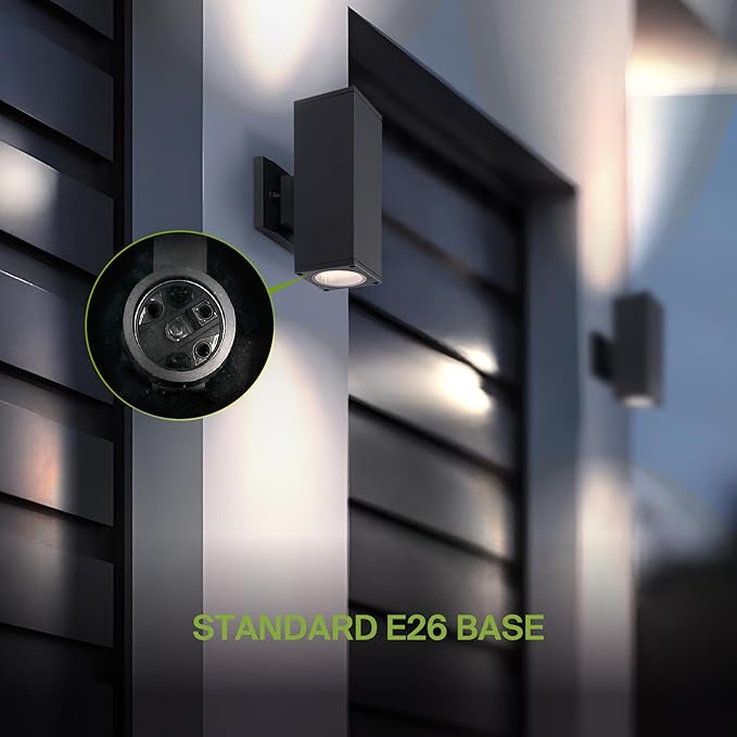 ASD 2 Light Square Outdoor Wall Light Fixture | 120W E26 Bulb Socket 120V ETL Cylinder Up Down Lights | LED/CFL/Incandescent Exterior Bulb Wall Sconce | Front Door, Porch, Patio | Black