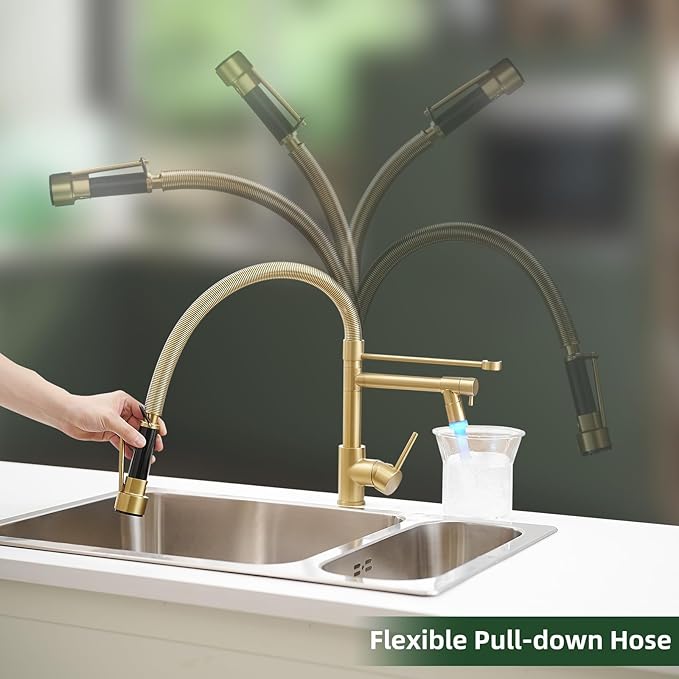 Fapully LED Kitchen Sink Faucet with Pull Down Sprayer Brushed Gold