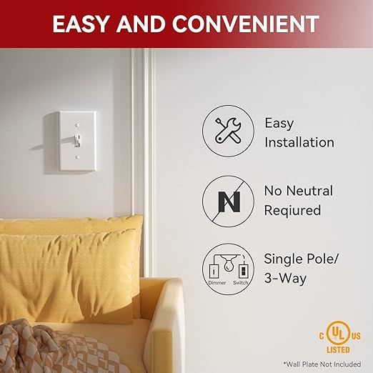 AIDA Toggle Slide Dimmer Switch for Dimmable LED Light/CFL/Incandescent 600 Watt max, Single-Pole or 3-Way, Rocker On/Off Wall Switch with Dimmer Slider, Wall Plate NOT Included, UL, White, 2 Pack