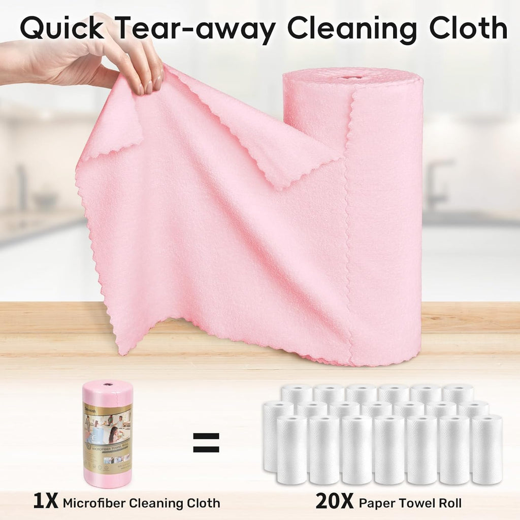 Microfiber Cleaning Cloths Roll, 75 Pack Tear Away Microfiber Towels Roll, 12" x 12" Lint Free Rags, Reusable Cleaning Cloths, Washable, Scratch Free,Ultra Absorbent Dish Rags(Pink)