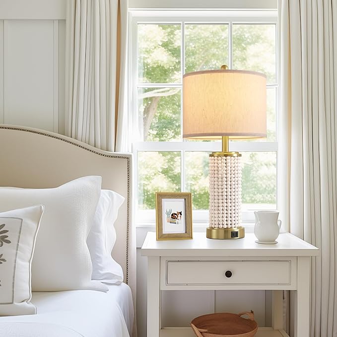 Wood Beaded Table Lamp Set of 2 for Living Room Bedroom Touch Control 3-Way Dimmable 24.5" Farmhouse Table Lamps Rustic Nightstand Bedside Lamps(2 Bulbs Included)