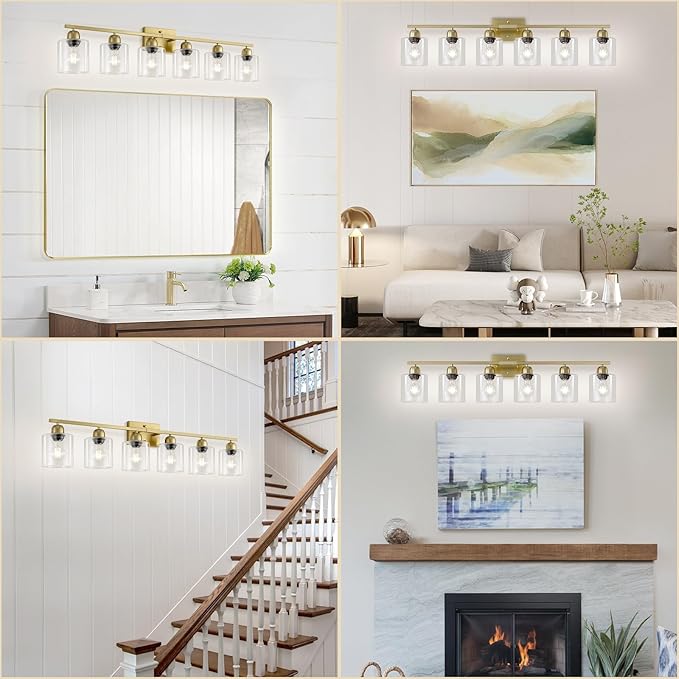 Modern Brushed Gold 6 Light Bathroom Light Fixtures,38 inch Vanity Lights for Bathroom with Clear Glass, Vanity Light for Mirror Kitchen Living Room Hallway Cabinet Porch