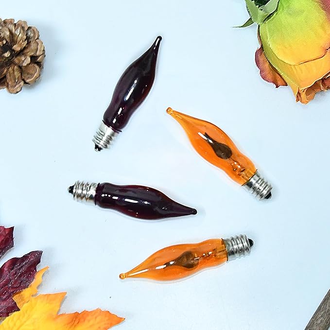 12 Pack Halloween Lights, C7 Clear Orange and Purple Flickering Flame Replacement Bulbs for String Lights Outdoor, E12 Base, Flame Bulbs for Halloween Indoor Outdoor Garden Patio Party Decorations