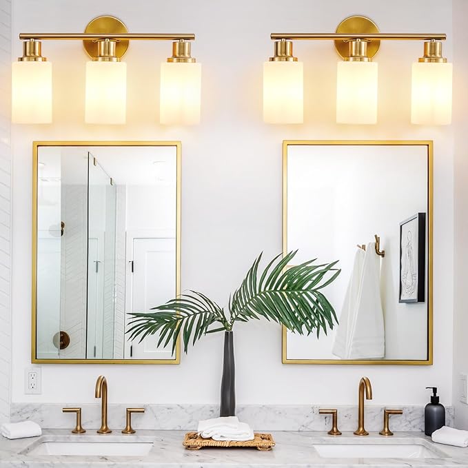 DLLT 3-Light Bathroom Light Fixtures: Gold Modern Vanity Lights with E26 Bulbs - Milky White Glass Shade Bathroom Wall Lamp for Mirror Kitchen Living Room Hallway Cabinet Porch