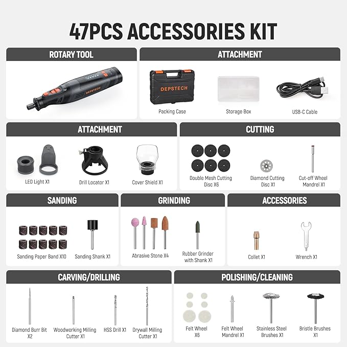DEPSTECH Cordless Rotary Tool Kit, 8V 2.5Ah Larger Battery, 5-Speed 30000RPM Max, LED Work Light, Power Multi Tool 47Pcs Enduring Accessories Set for Carving, Polishing, Sanding, Drilling, DIY Crafts