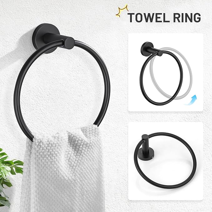 TURS Matte Black 5 Piece Bathroom Hardware Set, SUS304 Stainless Steel Bath Towel Bar Set, 24 Inch Round Bathroom Accessories Kit Wall Mounted