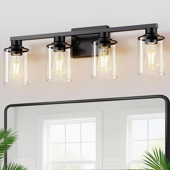 DORESshop Bathroom Light Fixtures, 4-Light Black Bathroom Lighting Fixtures Over Mirror with Clear Glass Shade, Vanity Lights for Bathroom Hallway Living Room Bedroom
