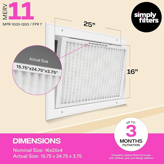 Simply 16x25x4 Air Filter MERV 11, MPR 1000, 1 Pack, For Home AC Furnace & HVAC (Actual Size: 15.75"x24.75"x3.75") DUST Pet & Allergy Control