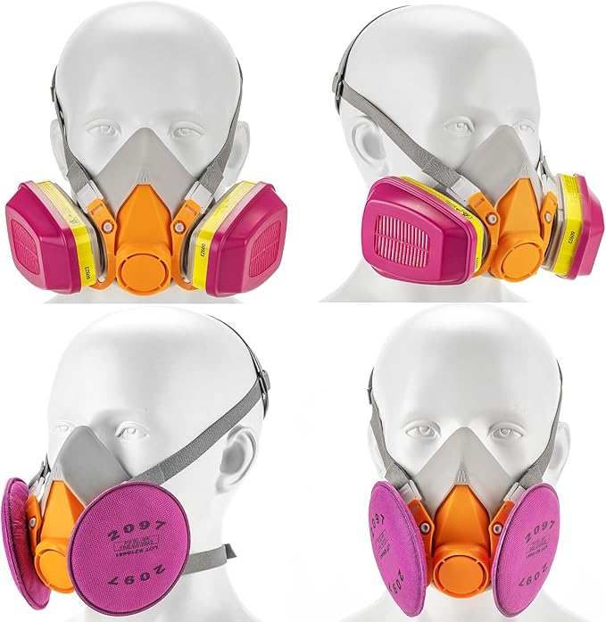 RANKSING Respirator Mask with Filters and Glasses to Against Dust Gases Fumes in Painting Spraying Sanding Orange/Pink