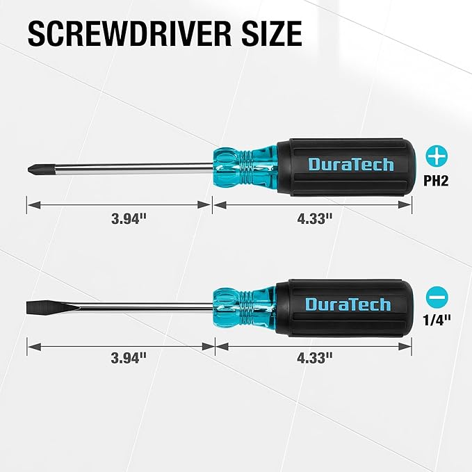 DURATECH 2-Piece S2 Steel Screwdriver Set, Professional Screwdrivers with Non-Slip Cushion Grip & Marked Specifications, Phillips and Flathead Screw Driver, Hand Tool for Home and Industrial Use