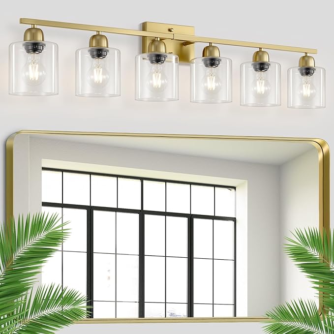 Modern Brushed Gold 6 Light Bathroom Light Fixtures,38 inch Vanity Lights for Bathroom with Clear Glass, Vanity Light for Mirror Kitchen Living Room Hallway Cabinet Porch