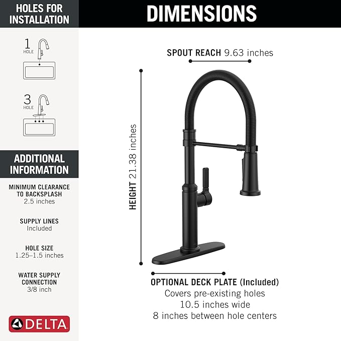 Delta Rhett Pro Style Commercial Kitchen Faucet with Pull Down Sprayer, Single Hole Matte Black Kitchen Sink Faucet, Single Handle, Matte Black 18829-DST