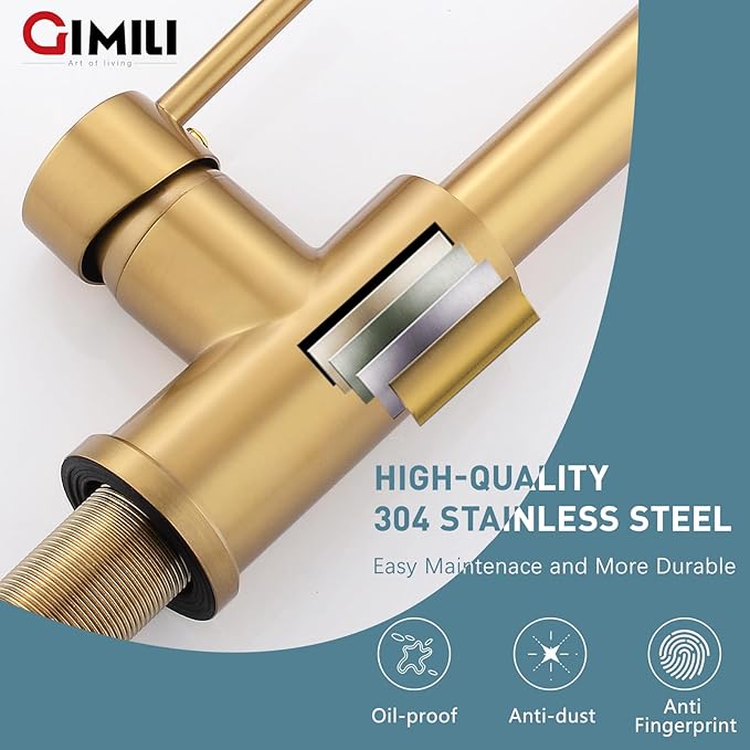 GIMILI Brushed Gold Kitchen Faucet with Soap Dispenser, Commercial Single Handle Spring Pull Out Kitchen Sink Faucets with Pull Down Sprayer
