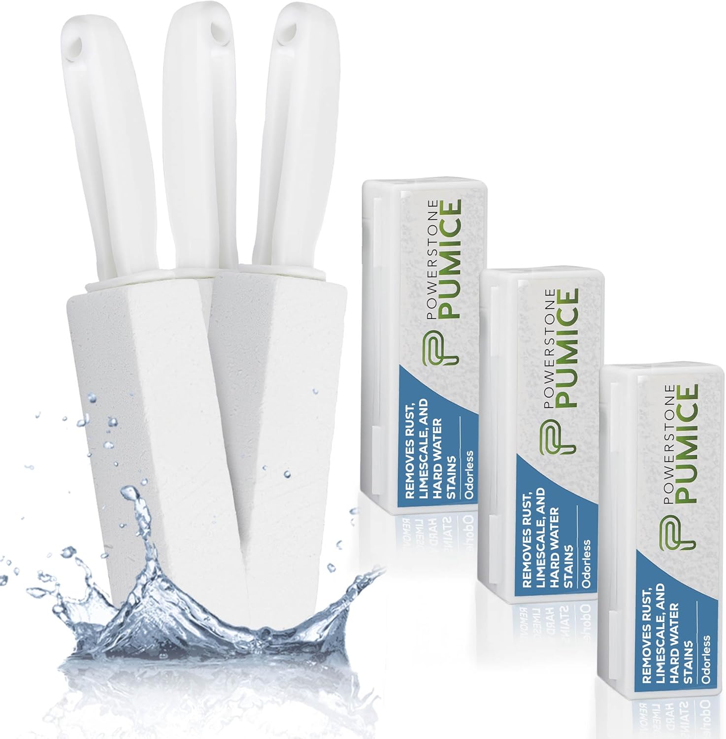 Powerstone Pumice Stone Toilet Bowl Cleaner with Handle (3-pack) - A Reliable and Harmless Solution for Cleaning Limescale Deposits & Hard Water Stains on Toilets, Grills, Tiles, Grout & Pools