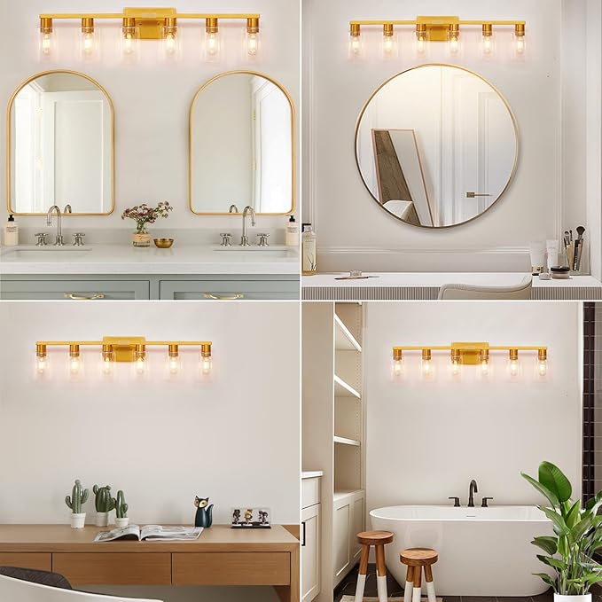 6 Light Bathroom Light Fixtures, Large Gold Bathroom Vanity Light with Clear Glass Shade, Brushed Brass Gold Bathroom Lighting Fixtures Over Mirror, Modern Wall Scones for Bedroom Living Room