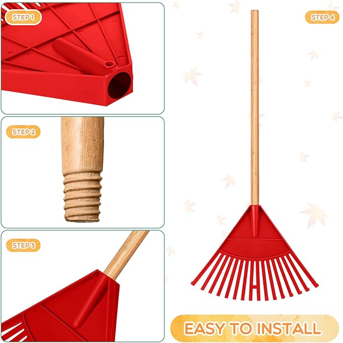 Macarrie Pack of 3 Kids Rakes with Hardwood Handle Lawn Garden Rake for Kids Gifts to Sweep Fall Leaves in Lawn and Tidying up The Garden Made of Wood and Plastic, 34.6 Inch(Red)