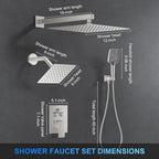 Shower Faucet Set, 12" Wall Mount Rainfall Shower System with 2 Rain Shower Head and Multi-function Handheld Head Push Button Diverter Shower Faucet Trim Kit, Brushed Nickel