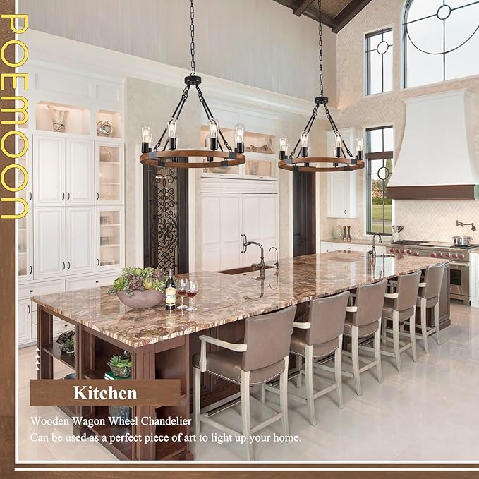 Farmhouse Wooden Wagon Wheel Chandelier 8 Lights 23.6'' Rustic Black Metal Light Fixtures Vintage Wood Round Chandelier for Living Dining Room Kitchen Entryway Foyer