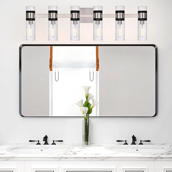 MELUCEE 6 Light Black Vanity Lighting Fixture with Ribbed Clear Glass Shade, Vanity Bathroom Light Fixture Over Mirror Industrial Wall Mounted Sconces Lighting, E12 Base
