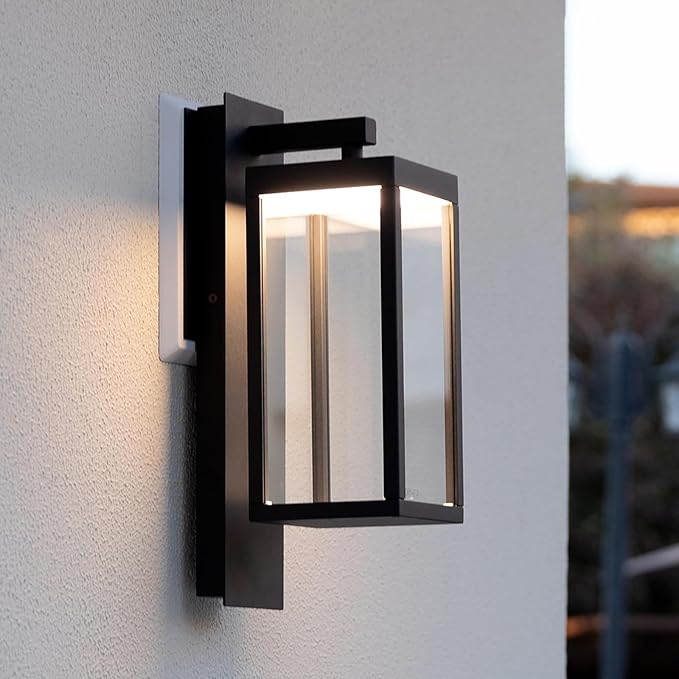 Outdoor Dusk to Dawn Exterior Light Fixture Wall Sconce Modern Style 800LM 13W Waterproof Rustproof Aluminum Glass Shade Porch Lantern Garage Garden Patio Matte Black Lamp