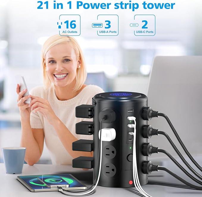 Tower Power Strip with 15W Wireless Charger, 20FT Extension Cord with Multiple Outlets, 16 AC Outlets & 5 USB (2 USB C) Charging Station Surge Protector for Office Home Dorm Room (Black)