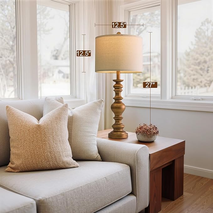 BOBOMOMO 27" Antique Gold Table Lamps Set of 2, Elegant Large Resin Lamps with Linen Shades, Gold Traditional Lamps for Bedroom, Living Room, or Console Table, Classic Vintage Décor