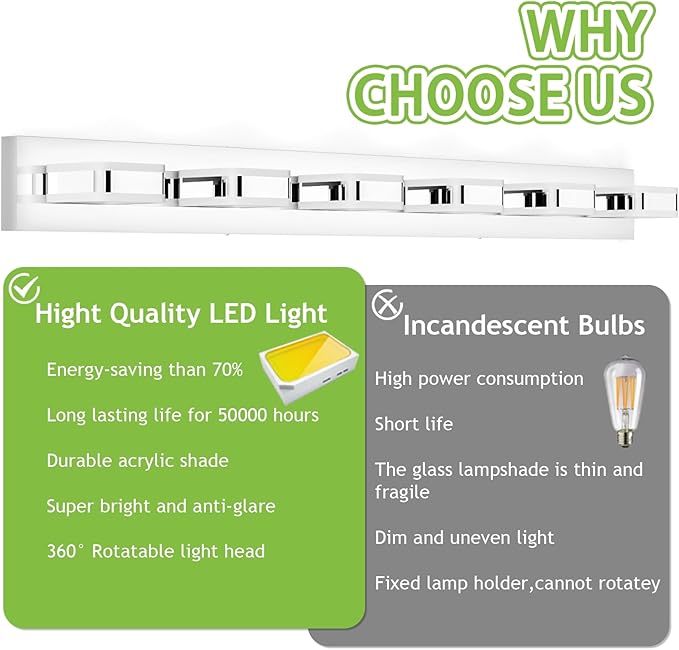 Tipace 6 Lights Chrome Bathroom Light Fixtures Modern LED Bathroom Vanity Lights Over Mirror 47.2 inch White Light 360°Rotatable