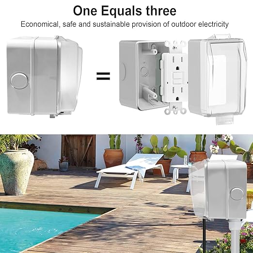 15 Amp GFCI Outdoor Electrical Outlet Box, Nonmetallic Heavy Duty Box IP66 Waterproof and NEMA 5-15 Self Test GFCI Outlet Kit, 3.15 Inch Deep, Lockable, Clear/Gray, UL Listed