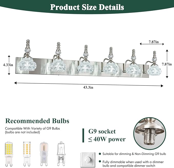 Modern Glass Crystal Vanity Light - Vintage Bathroom Lighting Fixtures Over Mirror, 6 Light Vanity Lights G9 Bulb (43.3 Inch, Nickel)