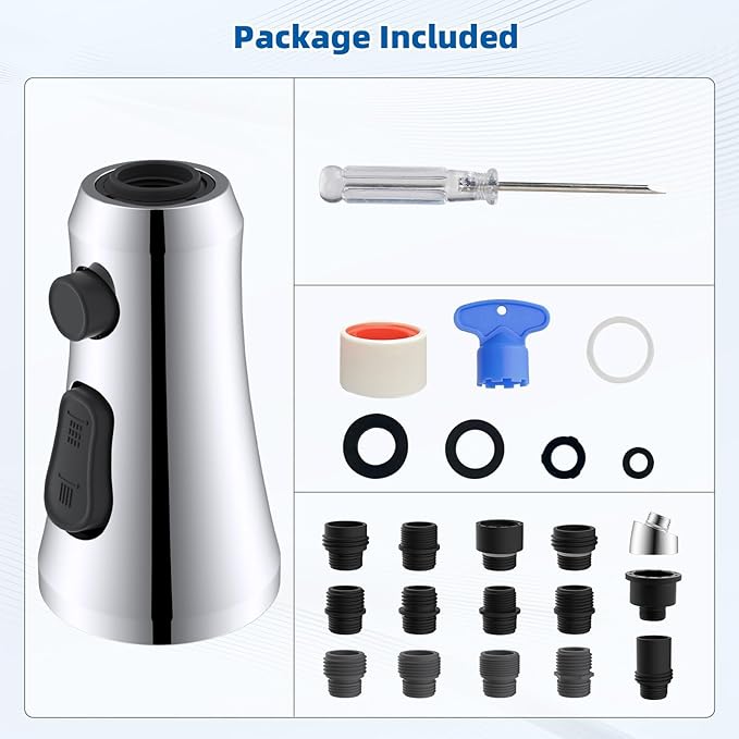 Hibbent Pull Down Spray Head for Kitchen Faucet, 3-Function Spray Nozzle with 15 Adapters, Straight Sink Faucet Head Replacement Compatible with Moen, Delta, Kohler, American Standard, Chrome