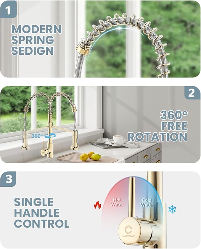 Kitchen Faucet, Commercial Kitchen Sink Faucets with Pull Down Sprayer, Stainless Steel Faucets for Kitchen Sinks, Dual Function Spray Head, Single Handle Spring Kitchen Faucets -Gold