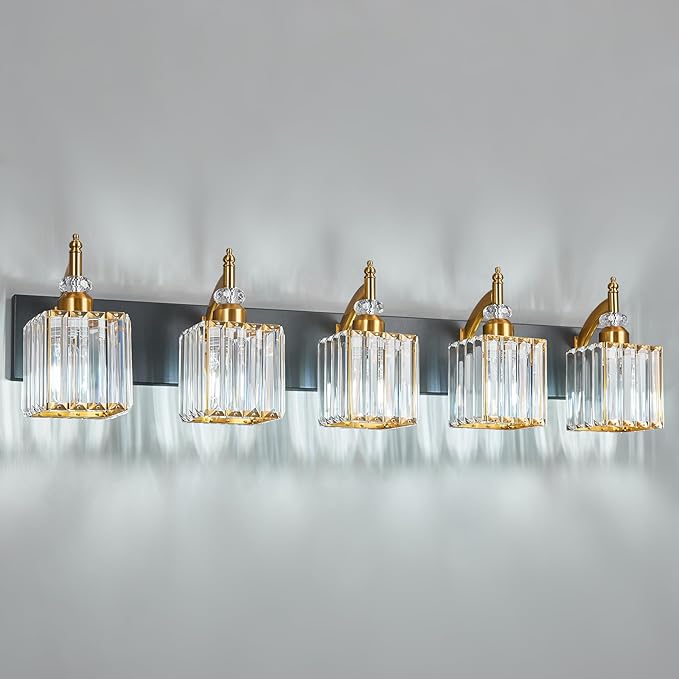 Modern Crystal Vanity Lights Black Gold 5 Light Bathroom Vanity Light Fixtures Over Mirror