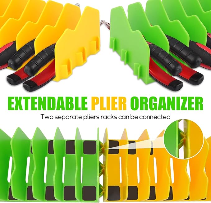 Plier Organizer, 4 Pack Pliers Organizer for Tools Cutters with Extendable Design & Non-Slip Rubber Base, 40 Slots Drawer Organizers for Tools, Wrenches, Screwdrivers,Green&Yellow