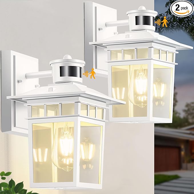 HIFEELE 2 Pack Motion Sensor Outdoor Lights Wall Mount Lantern, White Dusk to Dawn Outdoor Lighting, Anti-Rust Waterproof Exterior Light Fixture with Tempered Glass for House Porch Garage Entryway