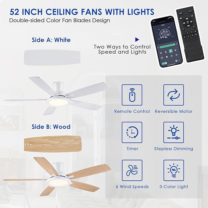 52In Flush Mount Ceiling Fans with Lights - White Low ProfileCeiling Fan with Remote/APP, Reversible, 3CCT Dimmable, Modern Fan Light for Indoor Living Room, Outdoor Covered Patios