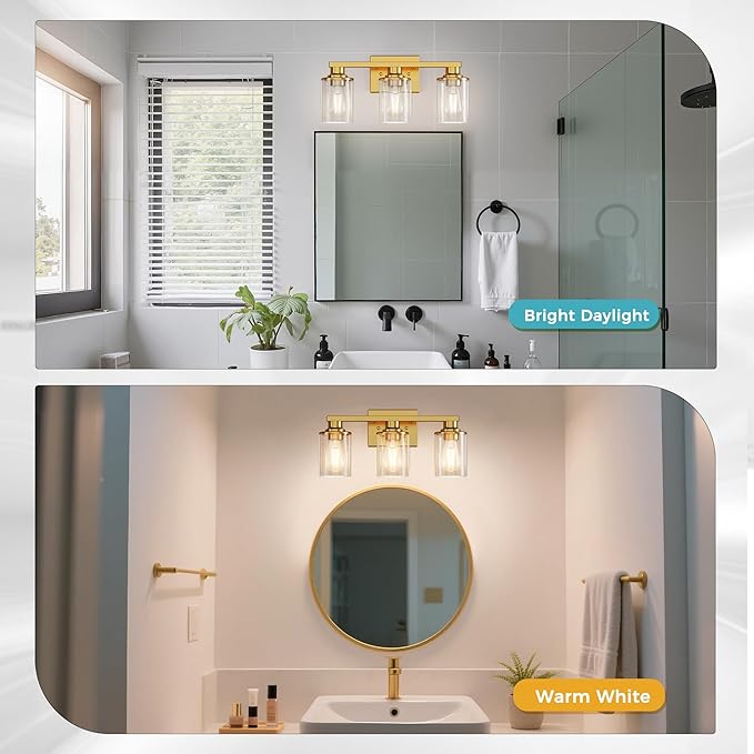 DORESshop 17 Inch Bathroom Light Fixtures, 3-Light Brushed Gold Bathroom Lighting Fixtures Over Mirror with Clear Glass Shade, Vanity Lights for Living Room Bedroom