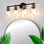 4-Light Bathroom Light Fixtures, Coastal Vanity Lights with Crystal Glass Shade, Black Bathroom Wall Lamp for Mirror Kitchen Hallway Bedroom